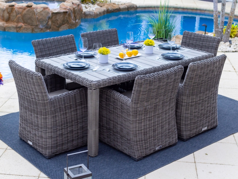 Modern Outdoor Dining Set 7-Piece Monochromatic Gray Slatted Top