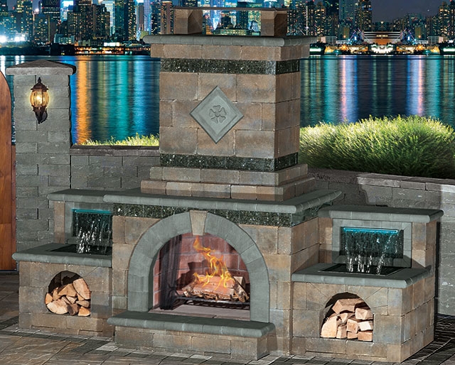 Modern Outdoor Fireplace with Waterfall & Storage