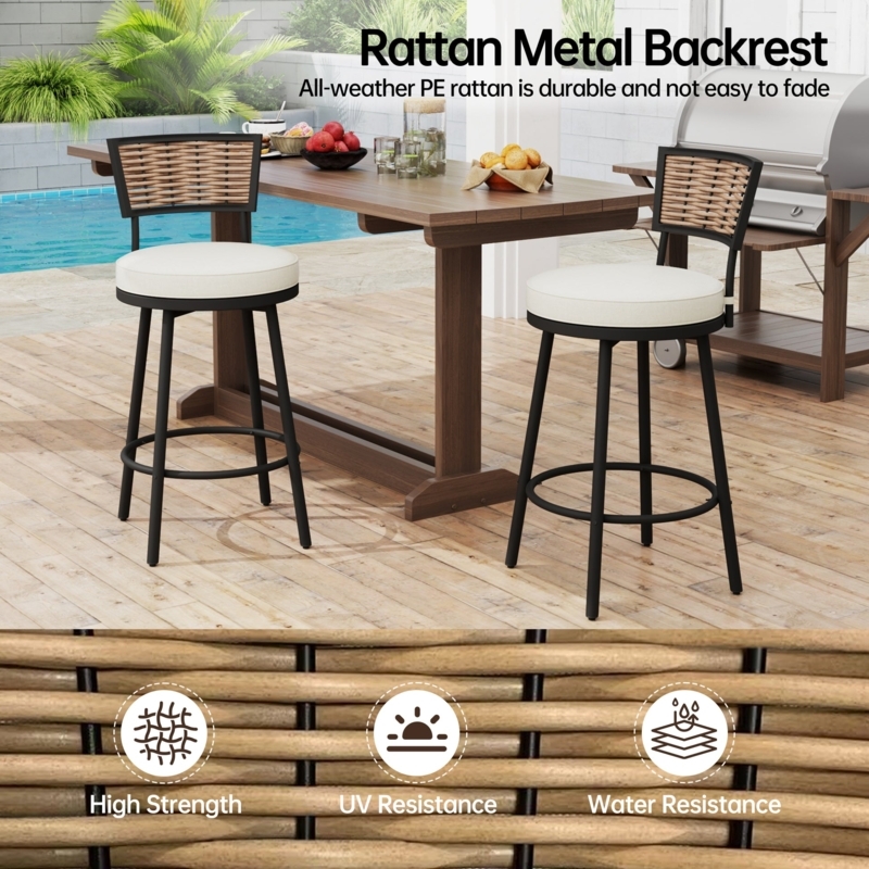 Modern Outdoor Swivel Bar Stools with Beige Mesh Back and Metal Frame
