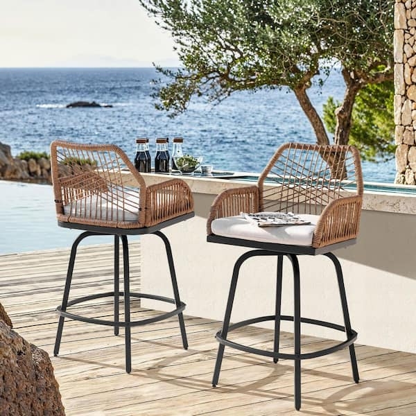 Modern Outdoor Swivel Stools Woven Rattan Back Metal Frame Patio Set
