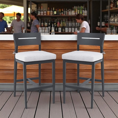Modern Patio Bar Stool with Slat Back and Charcoal Metal Frame