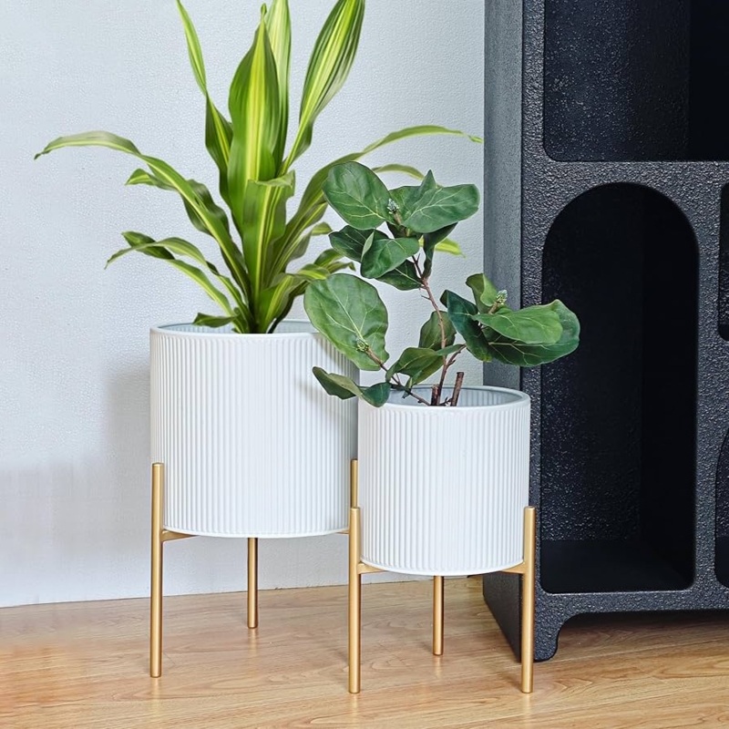 Modern Planter Set with Tripod Stands, Black & White Metal.