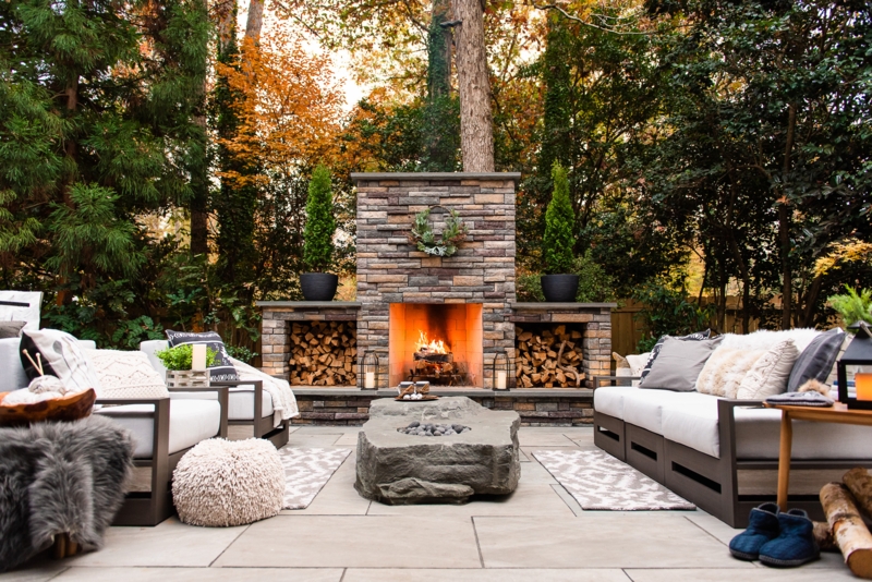 Modern Poolside Outdoor Fireplace with Linear Gas Firebox