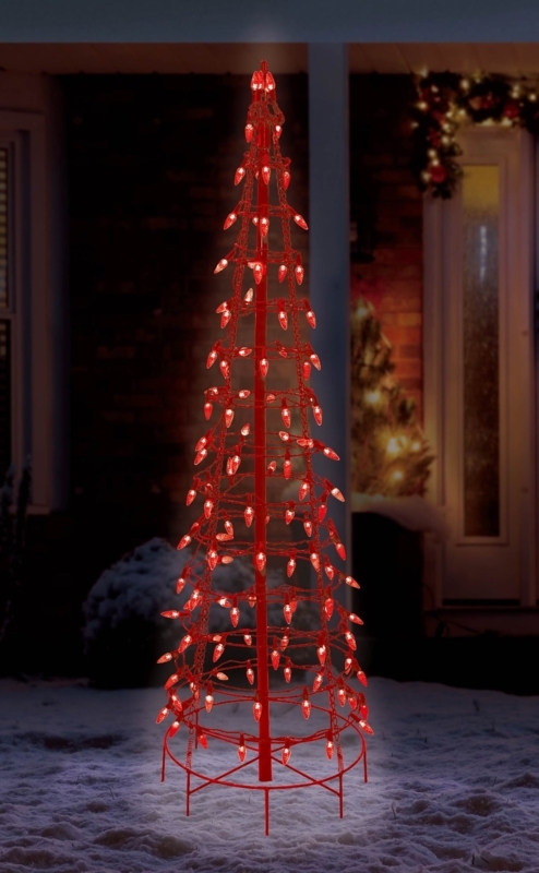 Modern Red LED Cone Tree Decoration with Minimalist Wire Construction