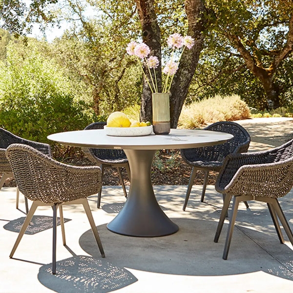 Modern Round Wood Outdoor Dining Table Ribbed Pedestal Base
