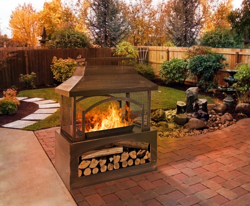 Modern Rustic Outdoor Fireplace with Chimney Flue and Spark Screen