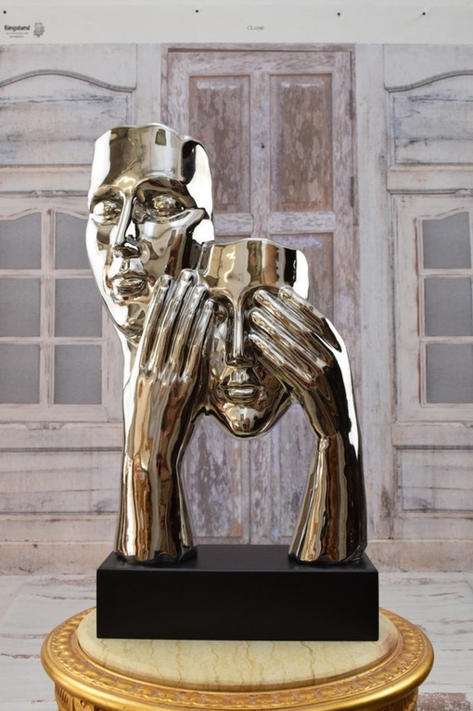 Modern Silver Face Sculpture Abstract Polished Rectangular Pedestal