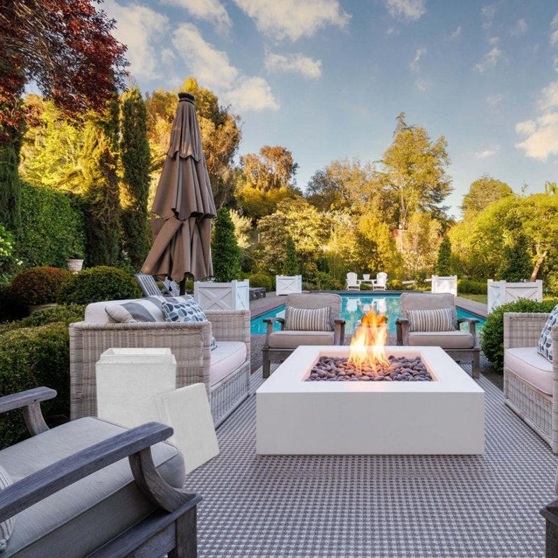 Modern Square Concrete Fire Pit Low Profile Limestone Finish