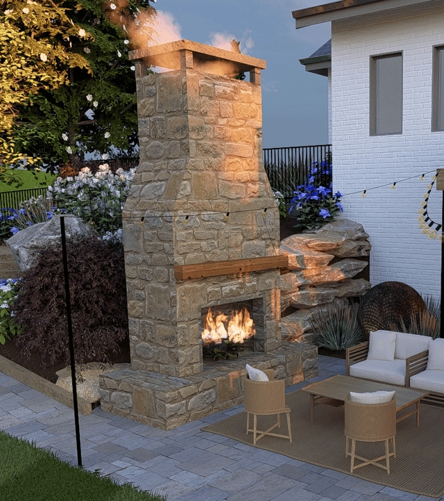 Modern Stone Outdoor Fireplace with Black Metal Firebox Insert