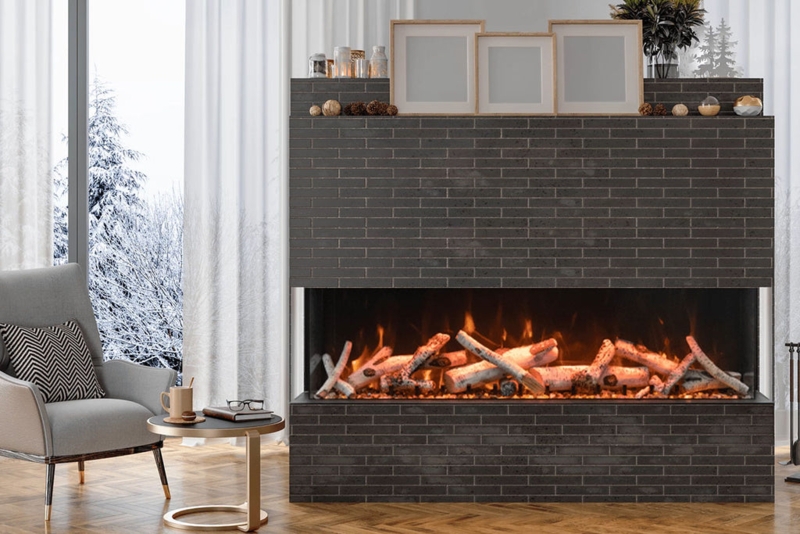 Modern Three-Sided Electric Fireplace with Birch Logs and Stone Wall