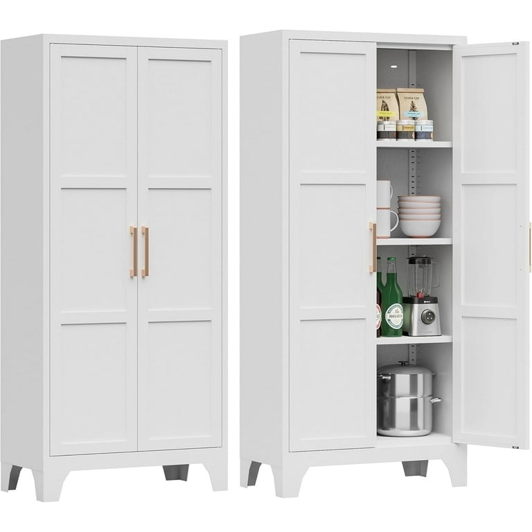Modern White Metal Pantry Cabinet with Mesh Door Panels.