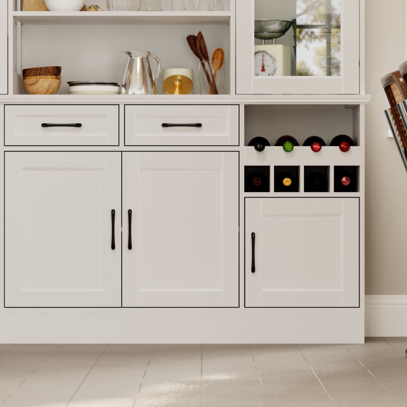 Modern White Pantry Cabinet with Gold Hardware and Wine Rack.