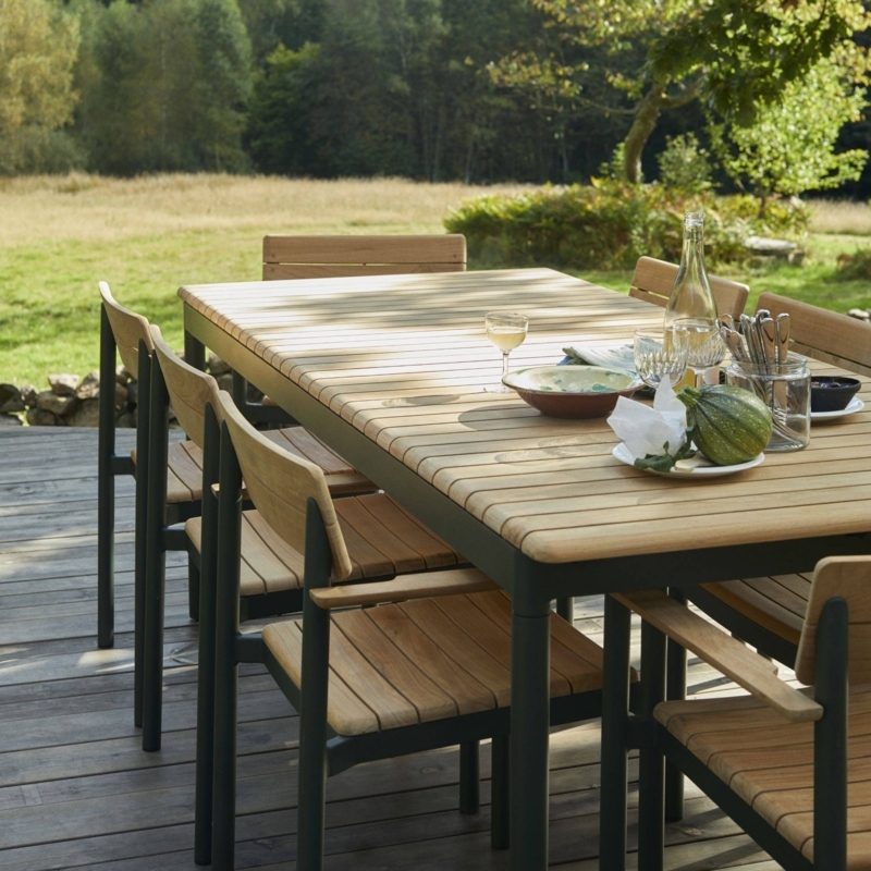 Modern Wood Outdoor Dining Set Trestle Table Woven Rope Chairs