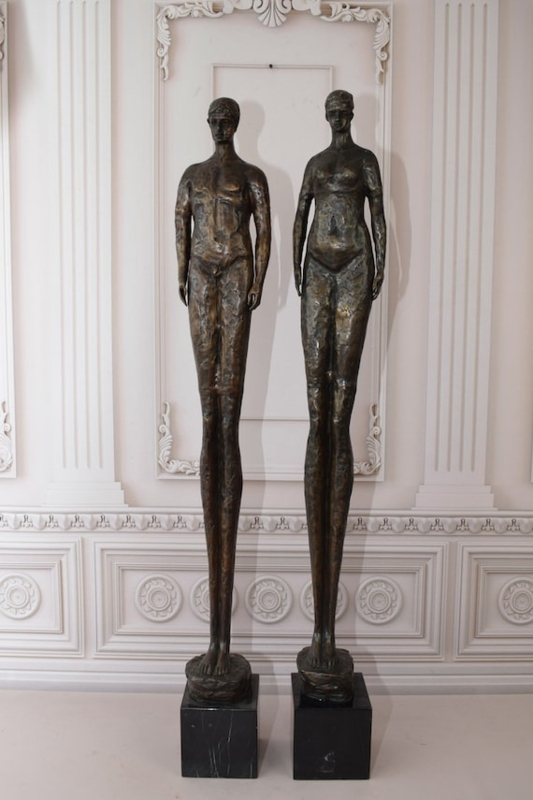 Modernist Abstract Couple Sculpture on White Stone-Like Base