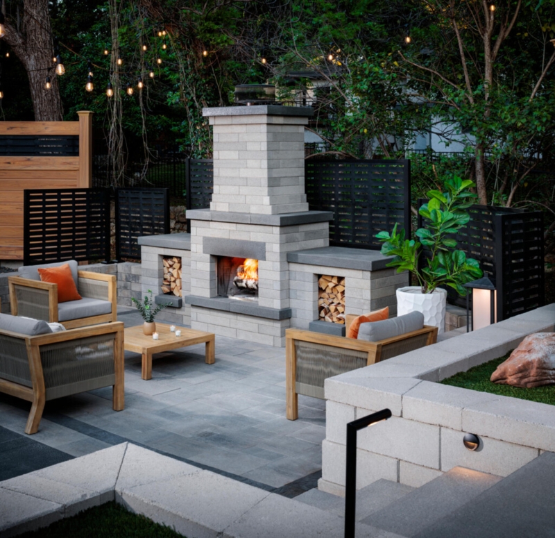 Modular Two-Tone Stone Outdoor Fireplace with Wood Storage Niches