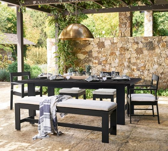 Monochromatic Black Metal Patio Dining Set with Slatted Top for Ten
