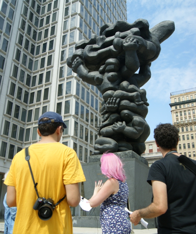Monumental Abstract Sculpture with Interlocking Elements.