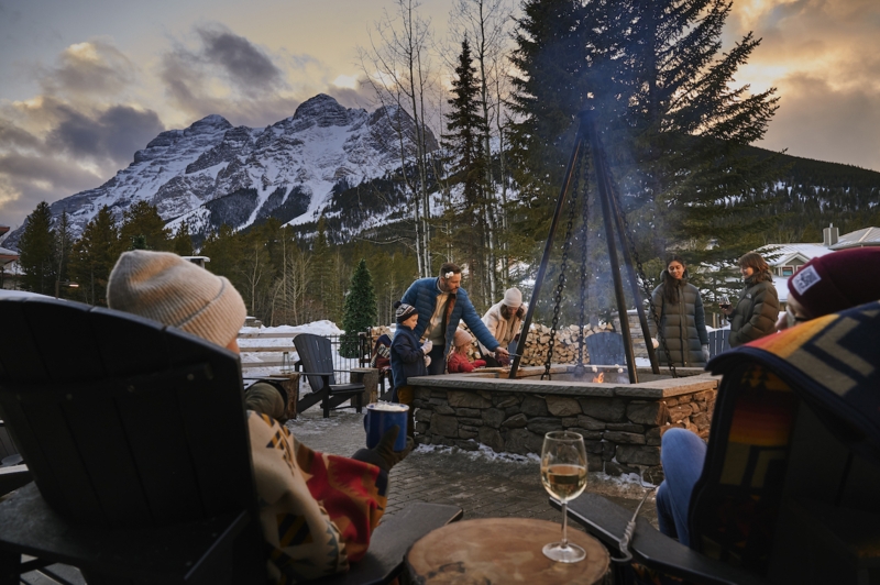 Monumental Stone Fireplace in Grand Lodge Lounge with Panoramic Mountain View