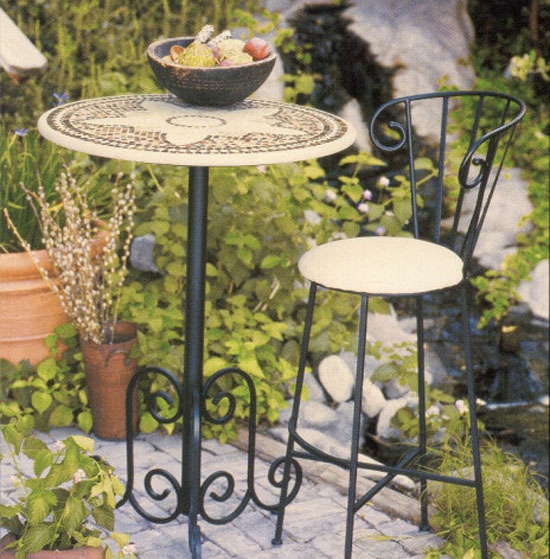 Mosaic Tile Bar Stool with Ornate Wrought Iron Base, Backless Design