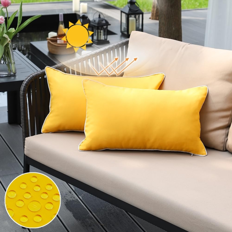 Mustard Yellow Outdoor Lumbar Pillow with White Piping
