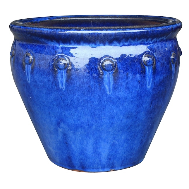Muted Blue Ceramic Planter with Matte Finish and Horizontal Ribbing
