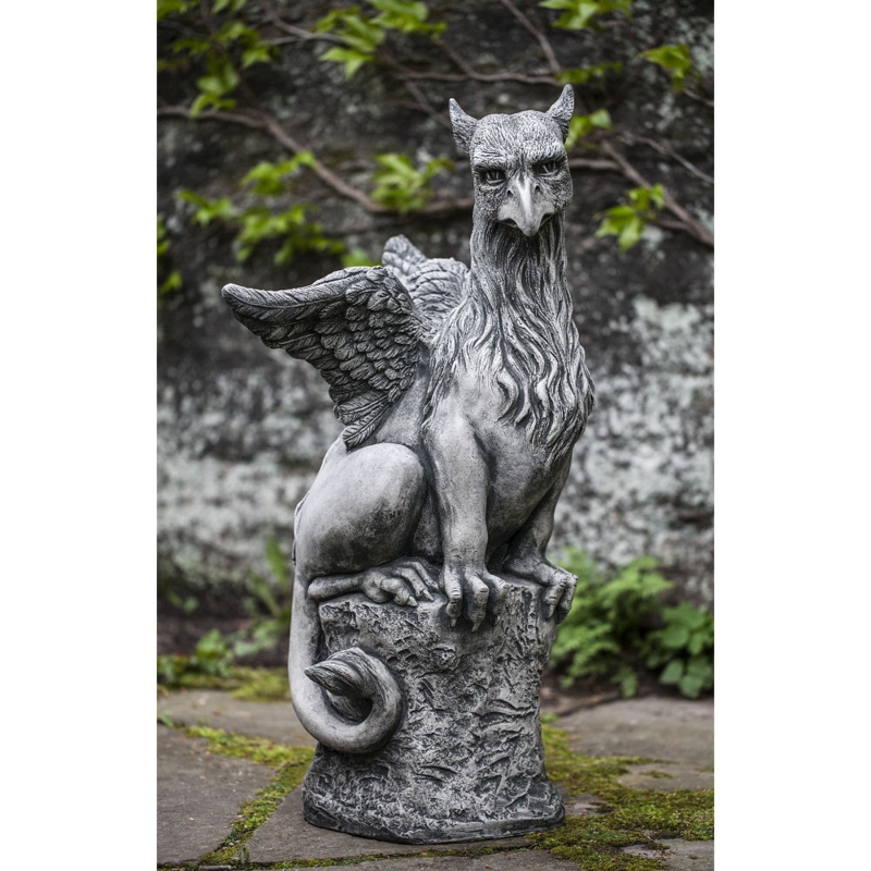 Mythical Creature Outdoor Sculpture, Weathered Griffin Form with Wings.
