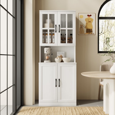 Narrow Kitchen Pantry with Side Shelving and Appliance Niche, White