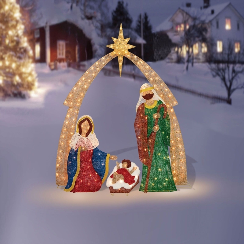 Nativity Scene Glitter Mesh Texture Illuminated 4-Piece Set Outdoor