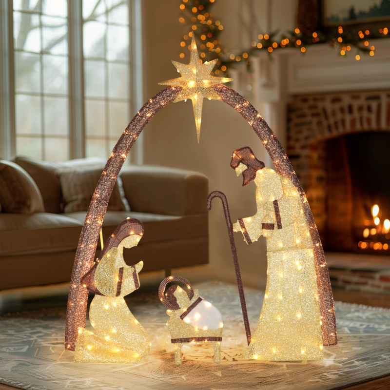 Nativity Scene Minimalist Silhouette White LED Freestanding 60 Inch
