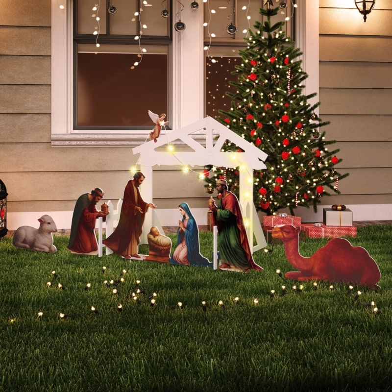 Nativity Scene Set Silhouette Design White Flat Panel Outdoor Decor