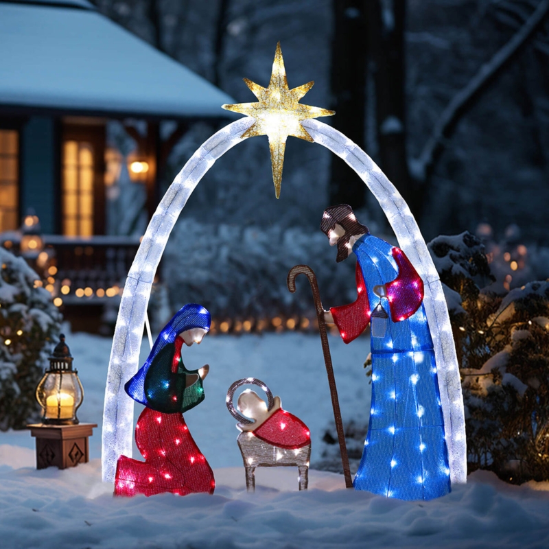 Nativity Scene White Wire Silhouette Multi-Tone Lighting 5 Ft Outdoor