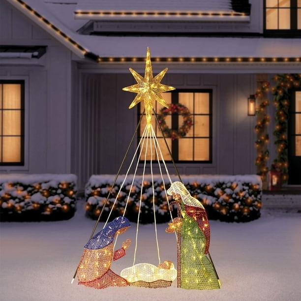 Nativity Scene Wireframe Construction Champagne Pre-Lit 6 Ft Outdoor