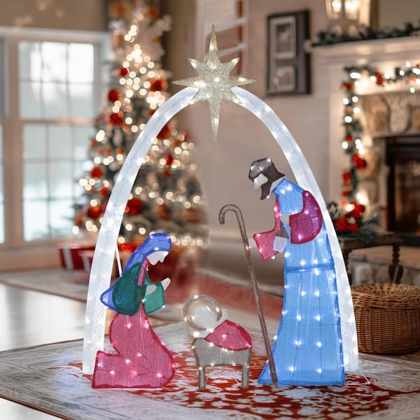 Nativity Set 5 Ft Cool White LED Shimmering Mesh Outdoor Decor