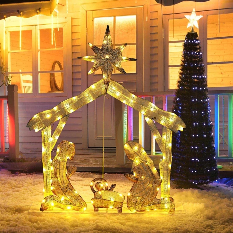 Nativity Set Chasing Blue Lights Wireframe Silhouette Star Topper