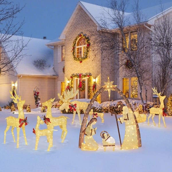 Nativity Set Gold Mesh Finish Warm LED 5 Ft Shimmering Outdoor