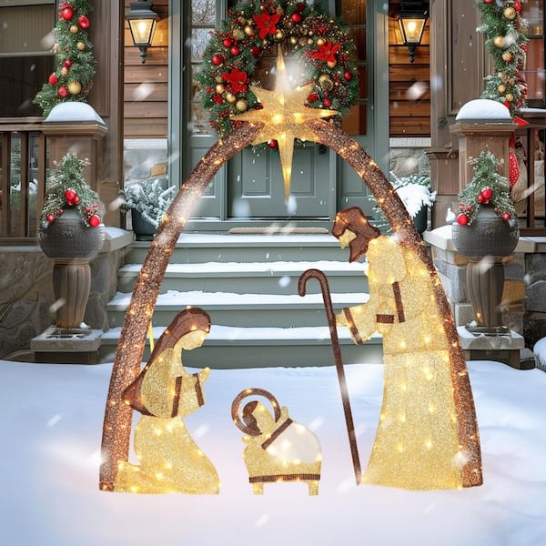Nativity Set, Gold Wireframe, Warm White LED Glow, Glittered