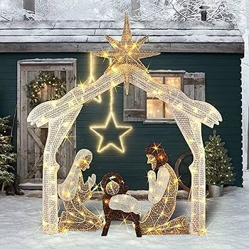 Nativity Set, Pre-Lit Holy Family, Warm White, Traditional Lawn Display