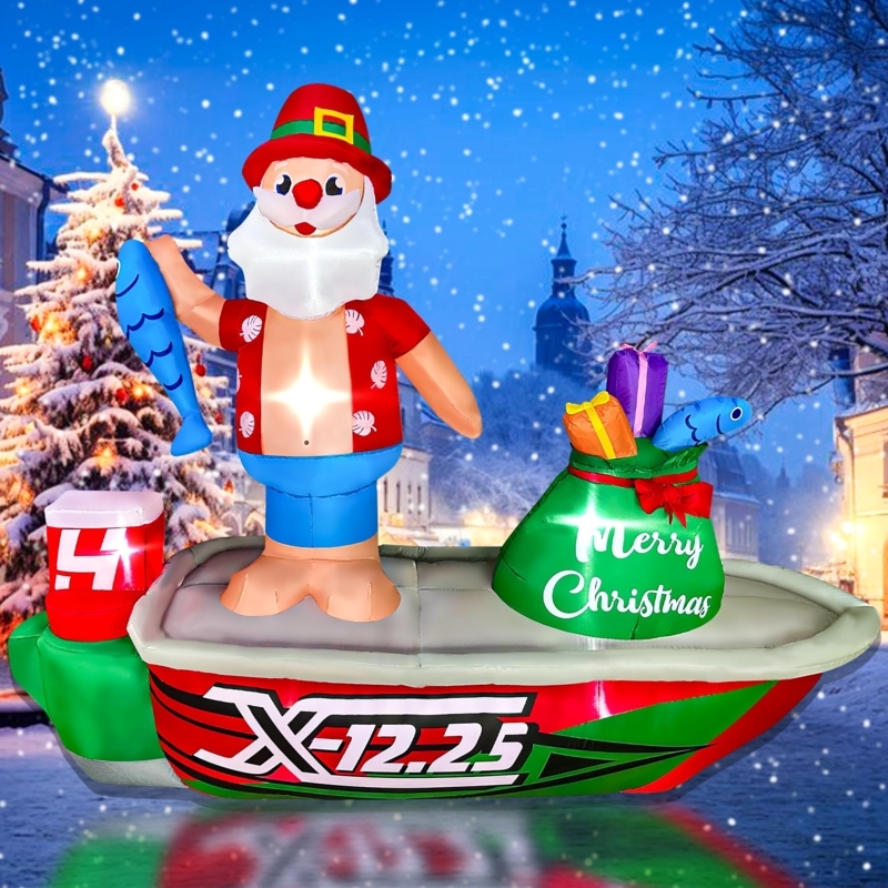 Nautical Theme Holiday Decor, 8ft Inflatable Santa on Fishing Boat