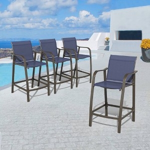 Navy Blue Aluminum Outdoor Bar Stools Integrated Armrests Patio Set
