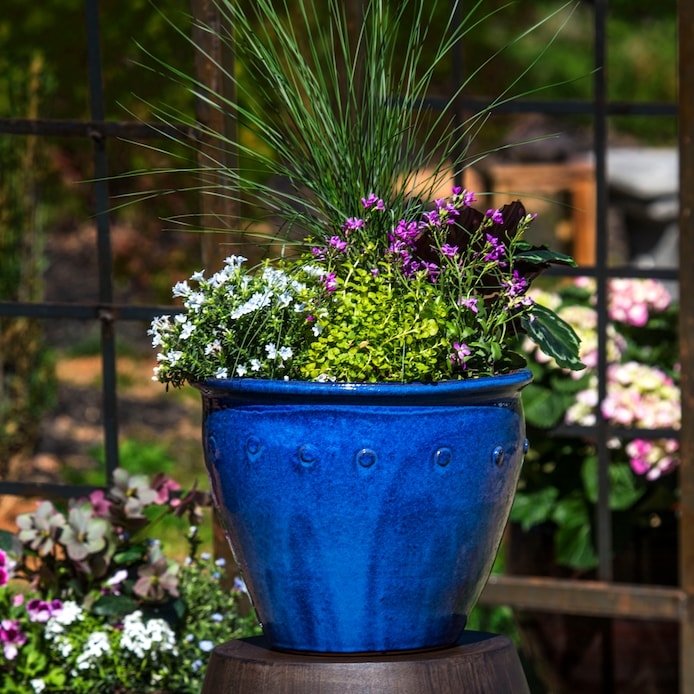 Navy Blue Ceramic Floor Planter with Geometric Relief Pattern