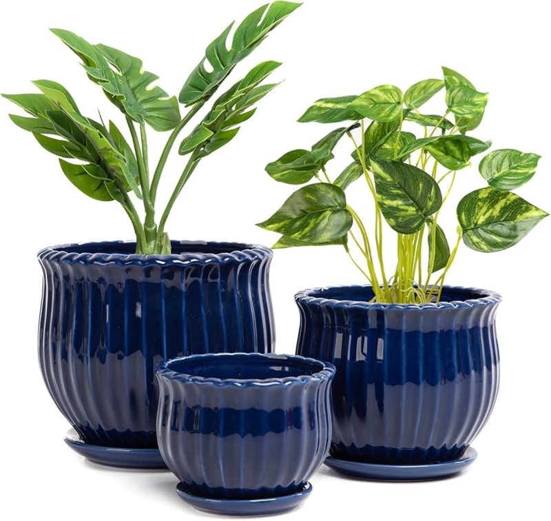 Navy Blue Ceramic Planter Set with Ribbed Texture and Matching Saucers.
