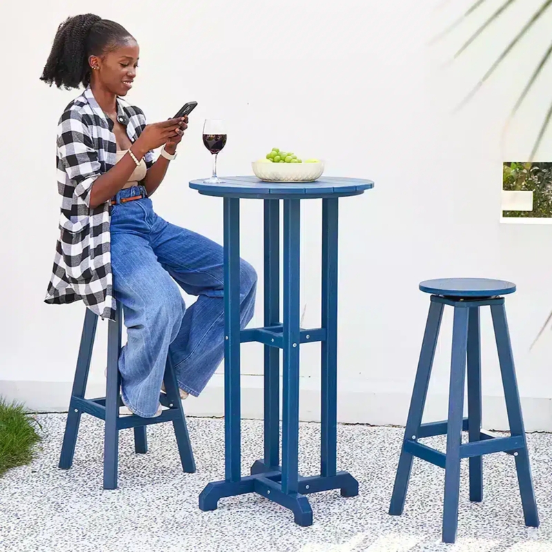 Navy Blue Outdoor Bar Stools with Swivel Mechanism and Slatted Backs