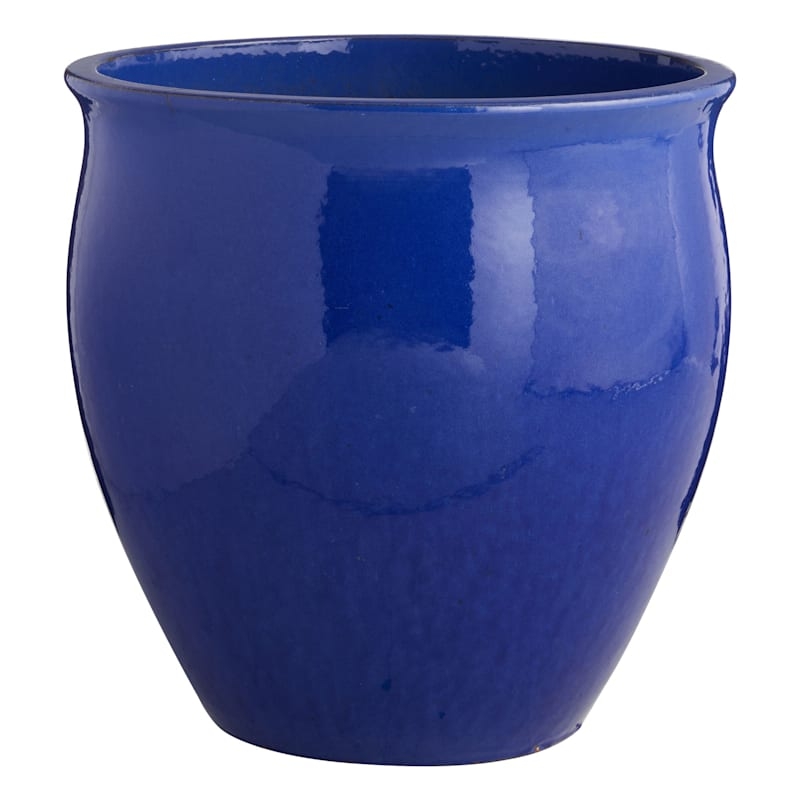 Navy Blue Outdoor Planter with High-Gloss Glaze and Flared Rim