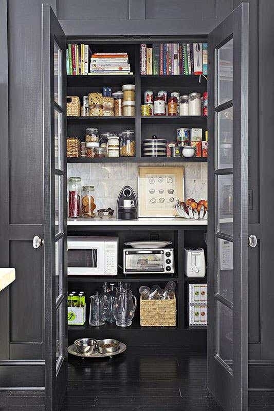 Navy Blue Pantry Cabinetry featuring Rolling Ladder & Shelf Lighting