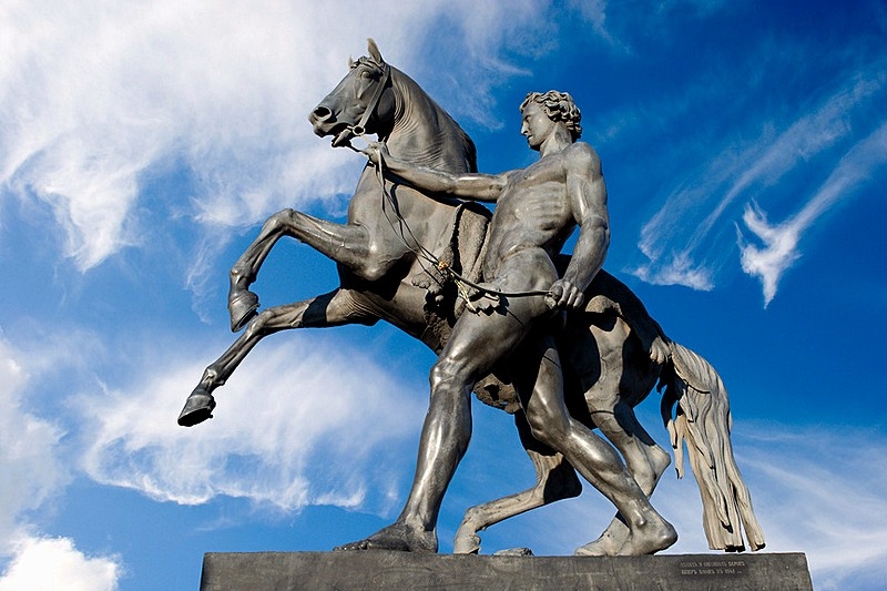Neoclassical Horse Tamer Statue on Large Stone Plinth, Bronze Finish