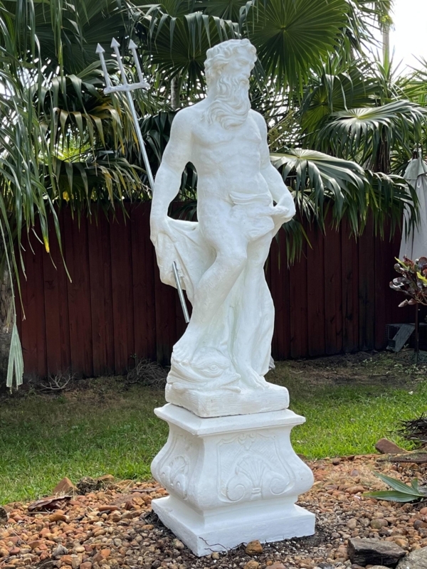 Neptune Statue Ornate Pedestal Trident Mythological Stone Decor