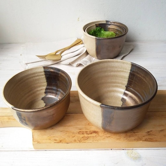 Nested Ceramic Serving Bowl Set, Metallic and Beige Contrast