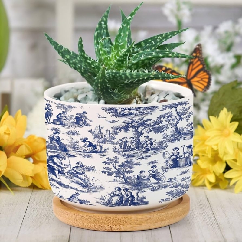 Nesting Planter Set featuring French Toile Print and Matching Ceramic Saucers