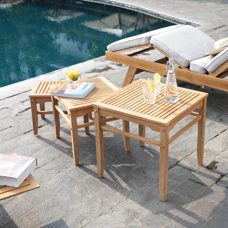Nesting Side Tables Set Wood Toned Slatted Top Tapered Legs