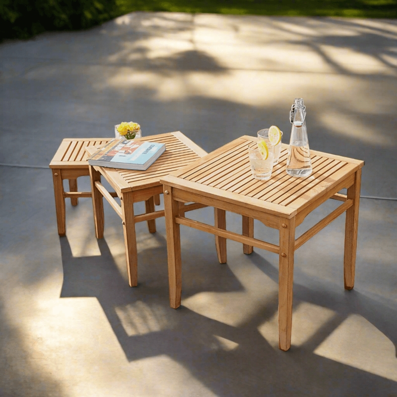 Nesting Side Tables Wood Toned Slatted Top Square Legs Set